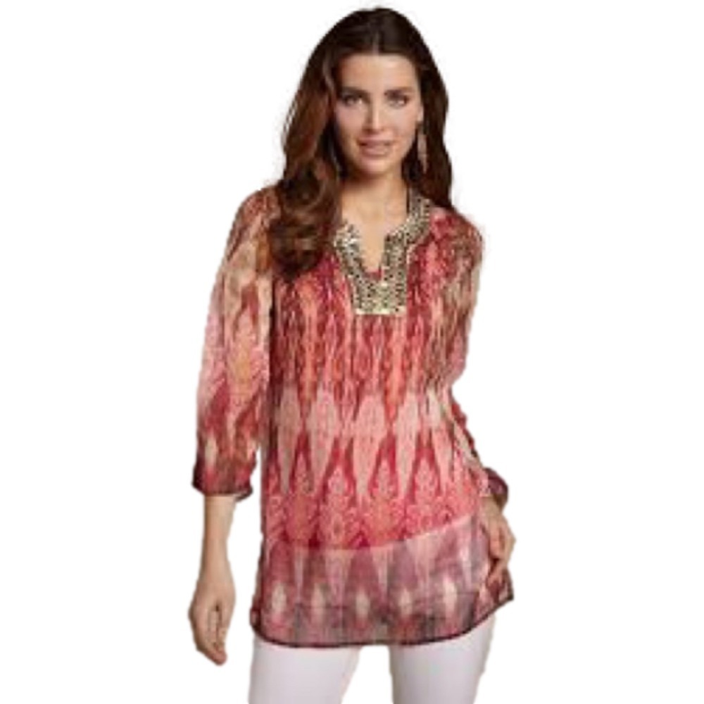 Chicos Size 1 US M Tropic Delight Kaikoura Embellished Tunic Top‎ Boho Sheer